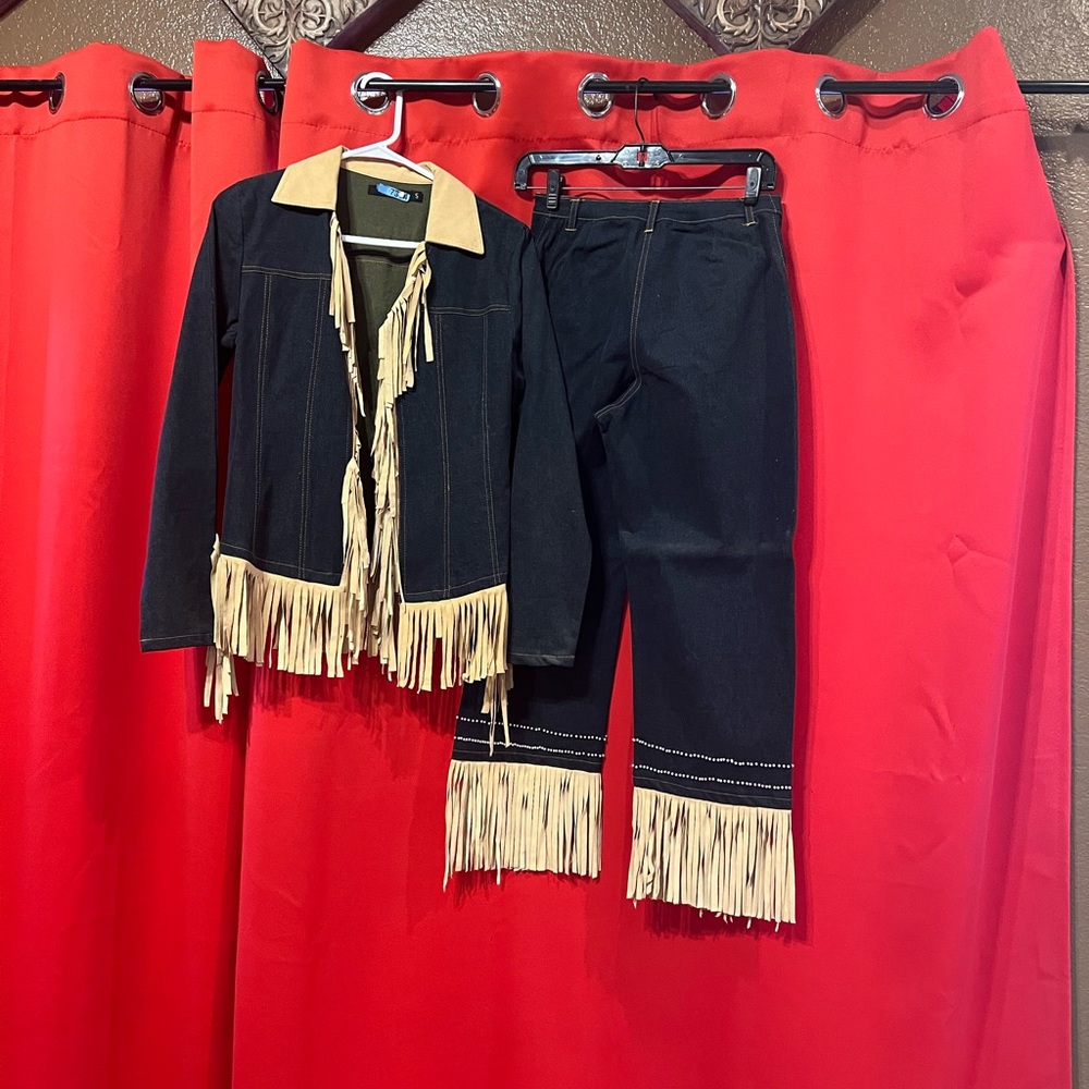 Denim pants suit with leather fringe